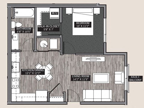 Floor plan for 1 bed, 1 bath, 622 sqft